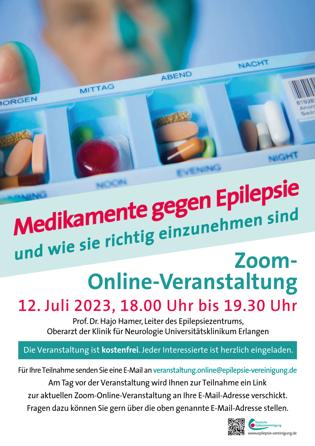 Plakat zur Online-Veranstaltung mit Prof. Hamer zu Epilepsie-Medikamenten